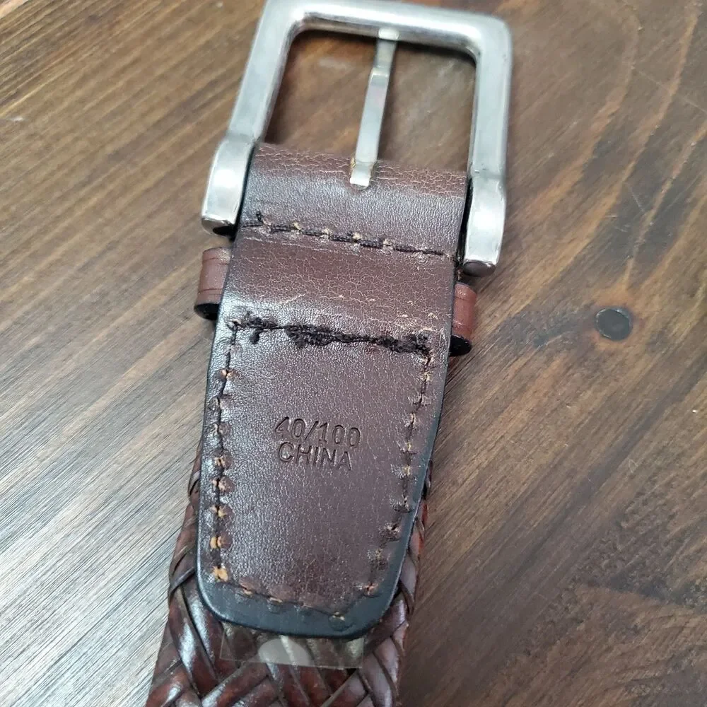 Men's Braided Belt 40 Brown All Leather Woven Braided Brass Buckle Dress Work